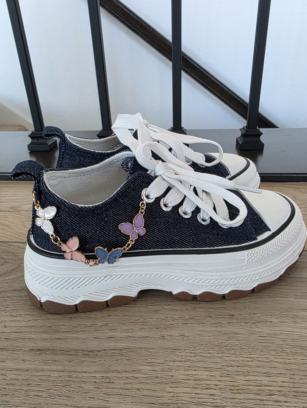 Girls Denim Platform Lace-Up Sneakers with Butterfly Charm 12